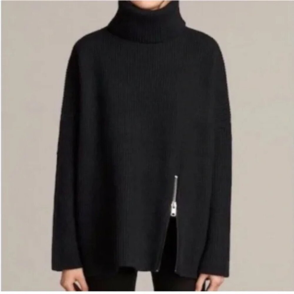 All Saints Charcoal Turtleneck Sweater with Zipper